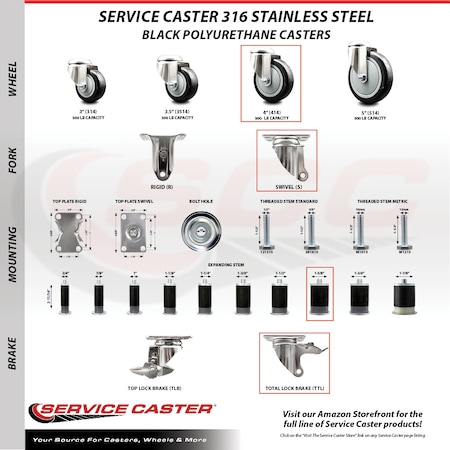 Service Caster 4 Inch 316SS Black Poly Swivel 1-5/8 Inch Expanding Stem Caster Set Lock Brake SCC-SS316TTLEX20S414-PPUB-BLK-158-4